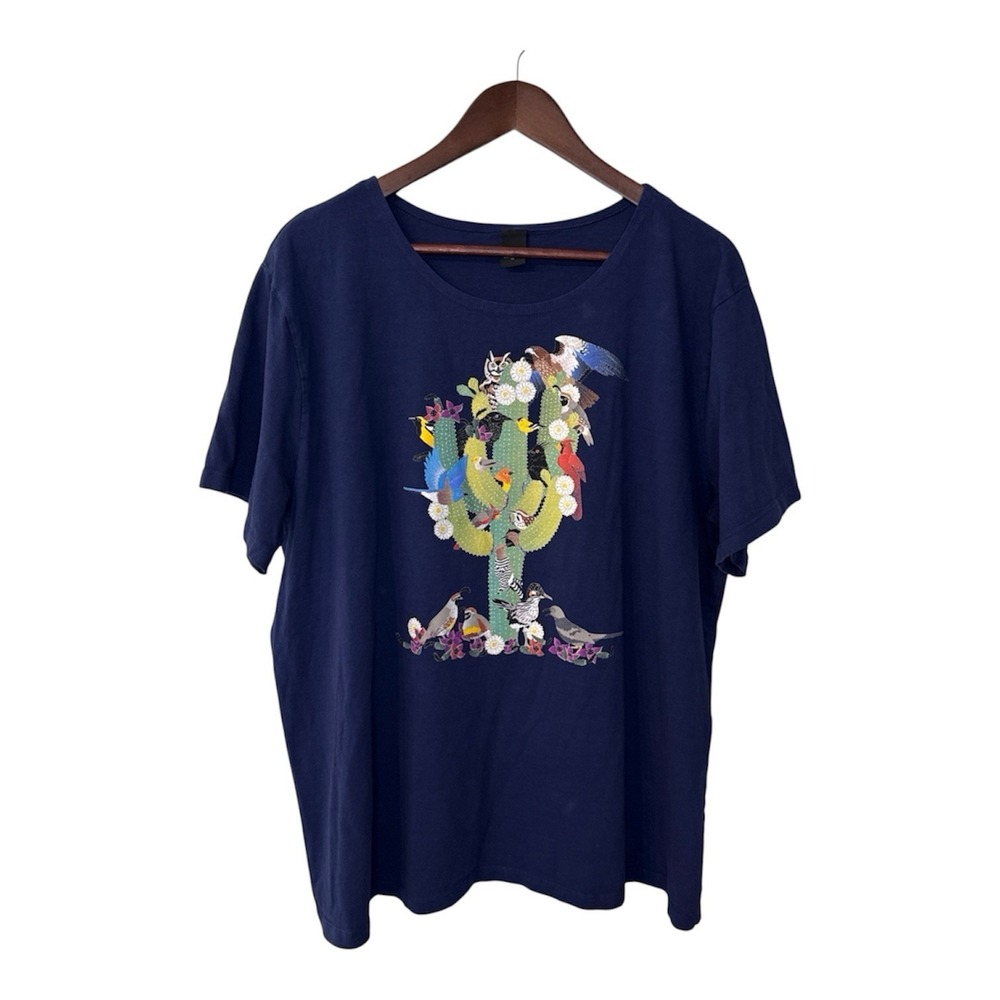Sabaku Gathering t-shirt women's 1X blue cactus birds southwest artsy boho USA